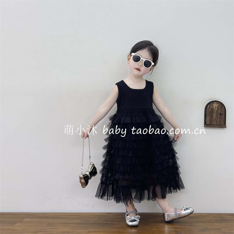 儿童洋气网纱蛋糕连衣裙2025新款韩版女童夏季无袖针织拼接公主裙