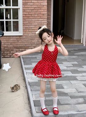 女童夏季荷叶边波点挂脖露背吊带