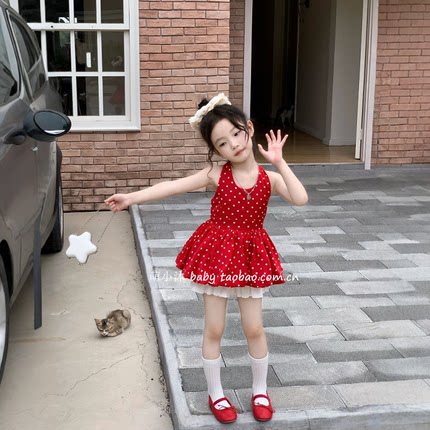 儿童洋气露背吊带衫2025新款韩版女童夏季薄款荷叶边波点挂脖背心