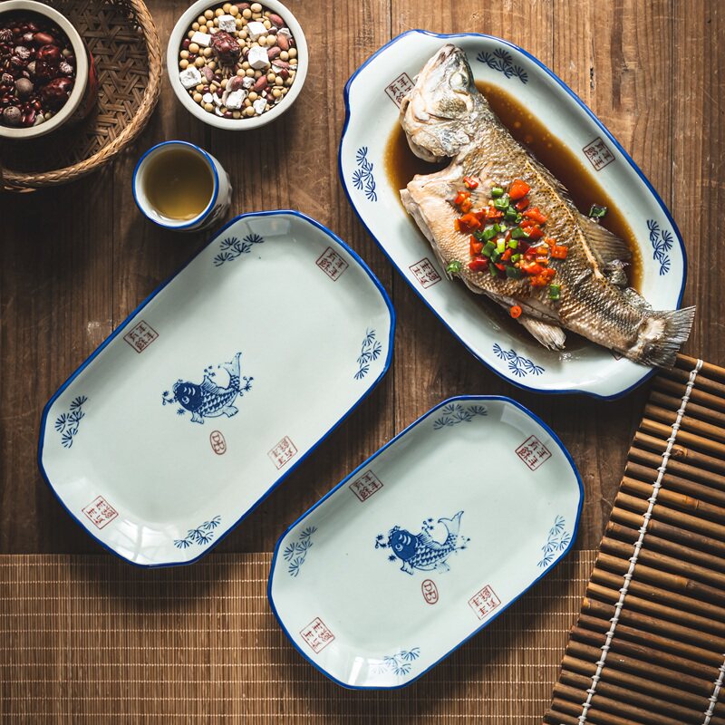 鱼盘家用蒸鱼盘子陶瓷蒸盘长方形双耳盘中式复古餐盘釉下彩菜盘