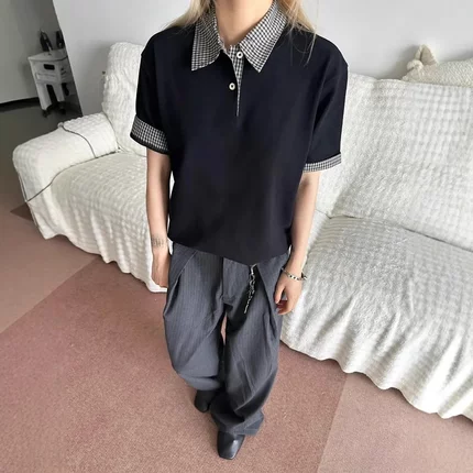 cleanfit索罗娜格纹Polo领短袖衬衫高智感miu系干练版型上衣