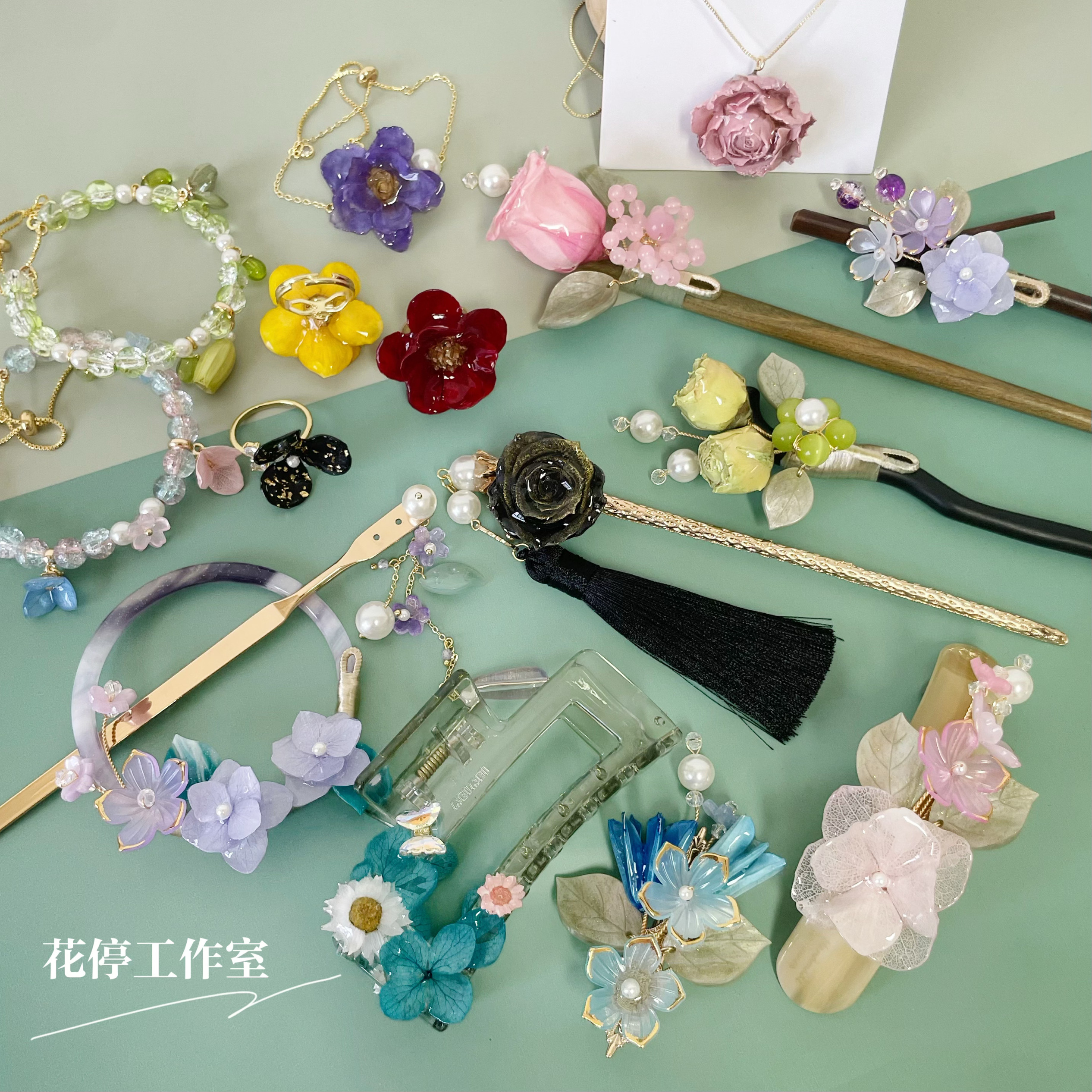 花停新款耳饰项链手链戒指时尚配饰耳钉永生花手工饰品开盒图片