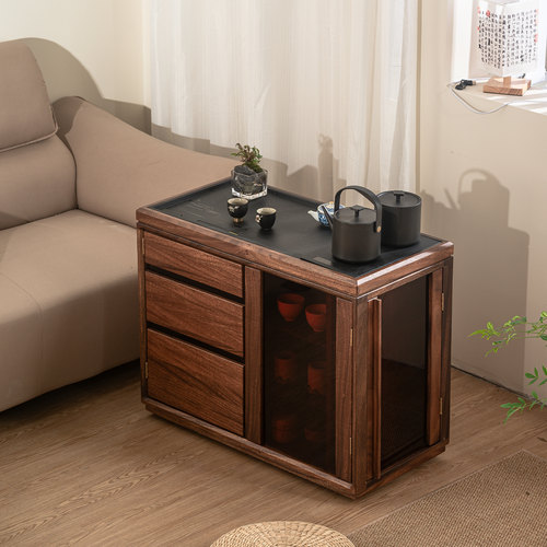 胡桃木实木移动茶台家用客厅边几茶水柜烧水壶一体小茶桌边柜茶车