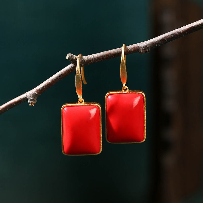 2023春夏季金玉满堂国潮风仿南红玉耳坠女耳钩旗袍汉服镀金耳环