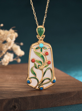 网红带货中国风复古配饰和田玉景泰蓝珐琅无事牌吊坠项链