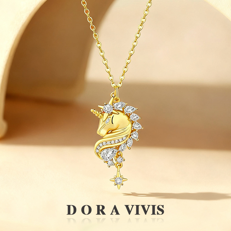 2026短视频爆款国潮新中式项链轻奢小众真金电镀闪钻独角兽锁骨链