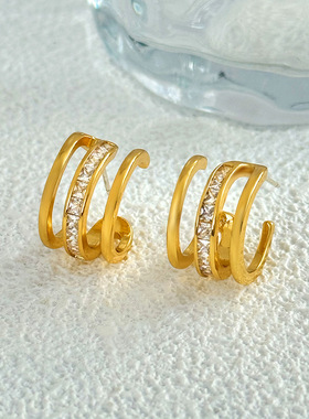 欧美跨境小众设计感镶锆几何耳环女s925银针多层线条复古耳钉耳饰