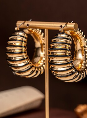 中古vinatge珐琅螺纹钢针耳圈小众个性几何耳饰线条感中古耳钉女