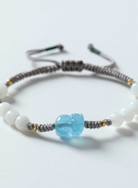 巴度天然和田白玉男女情侣款手串编织编绳手饰海蓝宝貔貅闺蜜手链