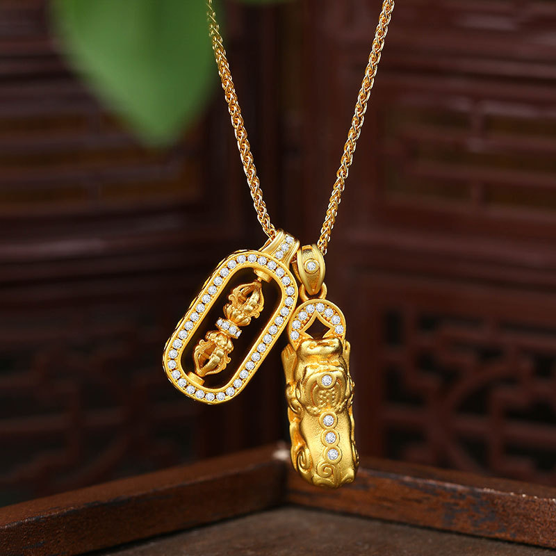 韦雪同款沙金镶边钻吞金纳财貔貅金钢杵可旋转项链小红书直播爆款