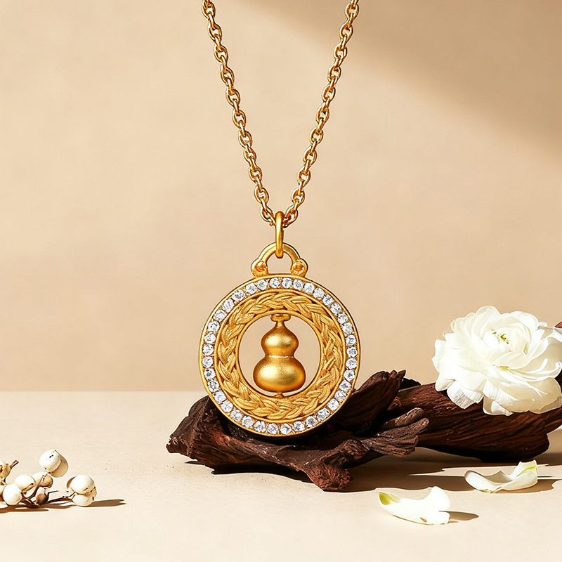 新品上新复古轻奢设计古法金吊坠点钻麦穗可转动葫芦沙金项链