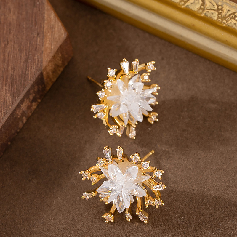 s925银针网红时尚精致镶钻水晶烟花耳钉耳环女气质简约感耳饰