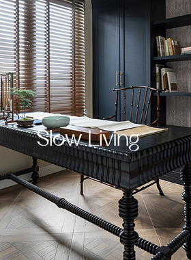 Slow Living 法式复古实木家用长方形雕花餐桌轻奢简约黑色方桌子