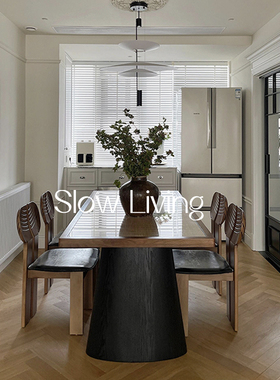 Slow Living 中古风实木黑色藤编面设计师创意复古家用长方形餐桌