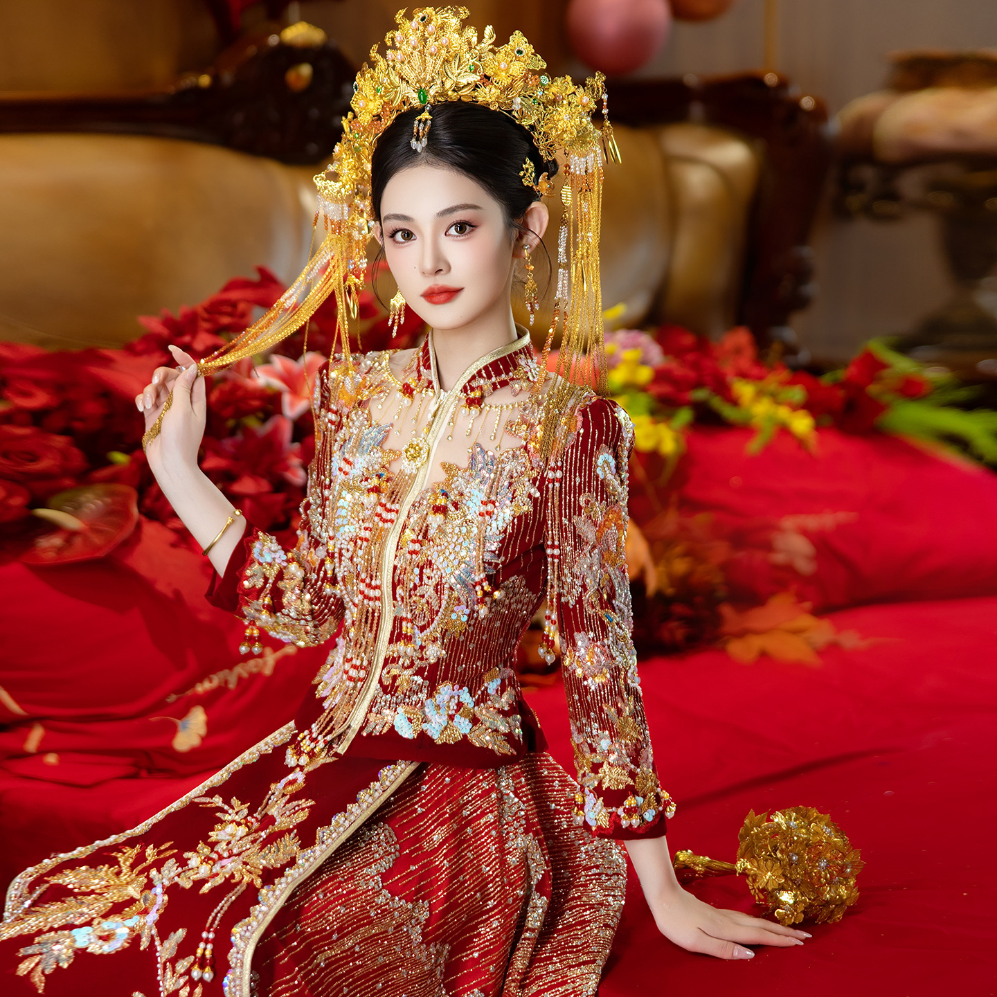 丝绒秀禾服2025新款重工新娘结婚中式婚服嫁衣显瘦敬酒服女出阁服