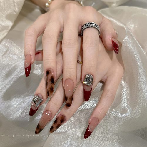 新款纯手工豹纹水钻穿戴甲