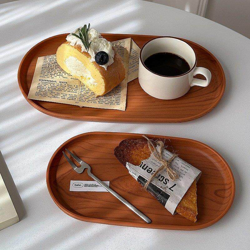 日本椭圆形彷木纹托盘ins风餐盘茶盘家用水杯收纳盘咖啡厅蛋糕盘