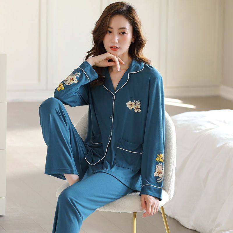 睡衣女秋季100%纯棉大码宽松中老年妈妈春秋款长袖长裤家居服套装