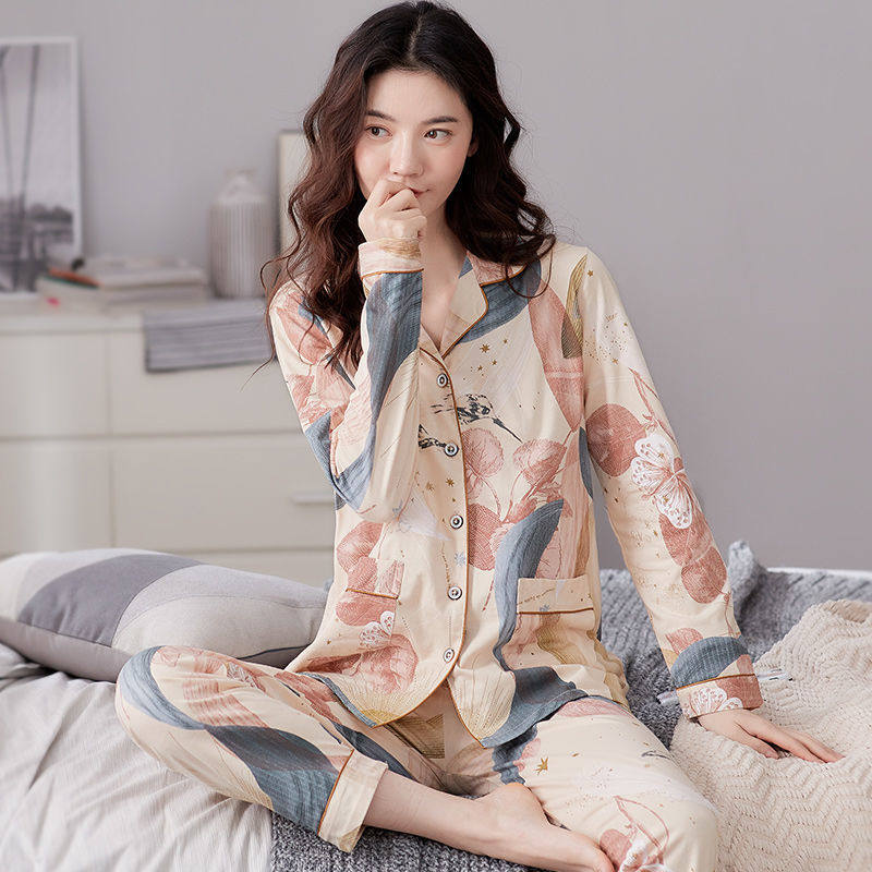 100%纯棉睡衣女春秋款长袖冬季大码中年套装家居服可外穿
