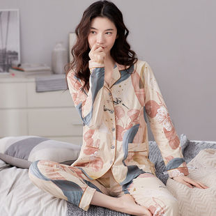 中年套装 北极绒100%纯棉睡衣女春秋款 大码 长袖 家居服可外穿 冬季