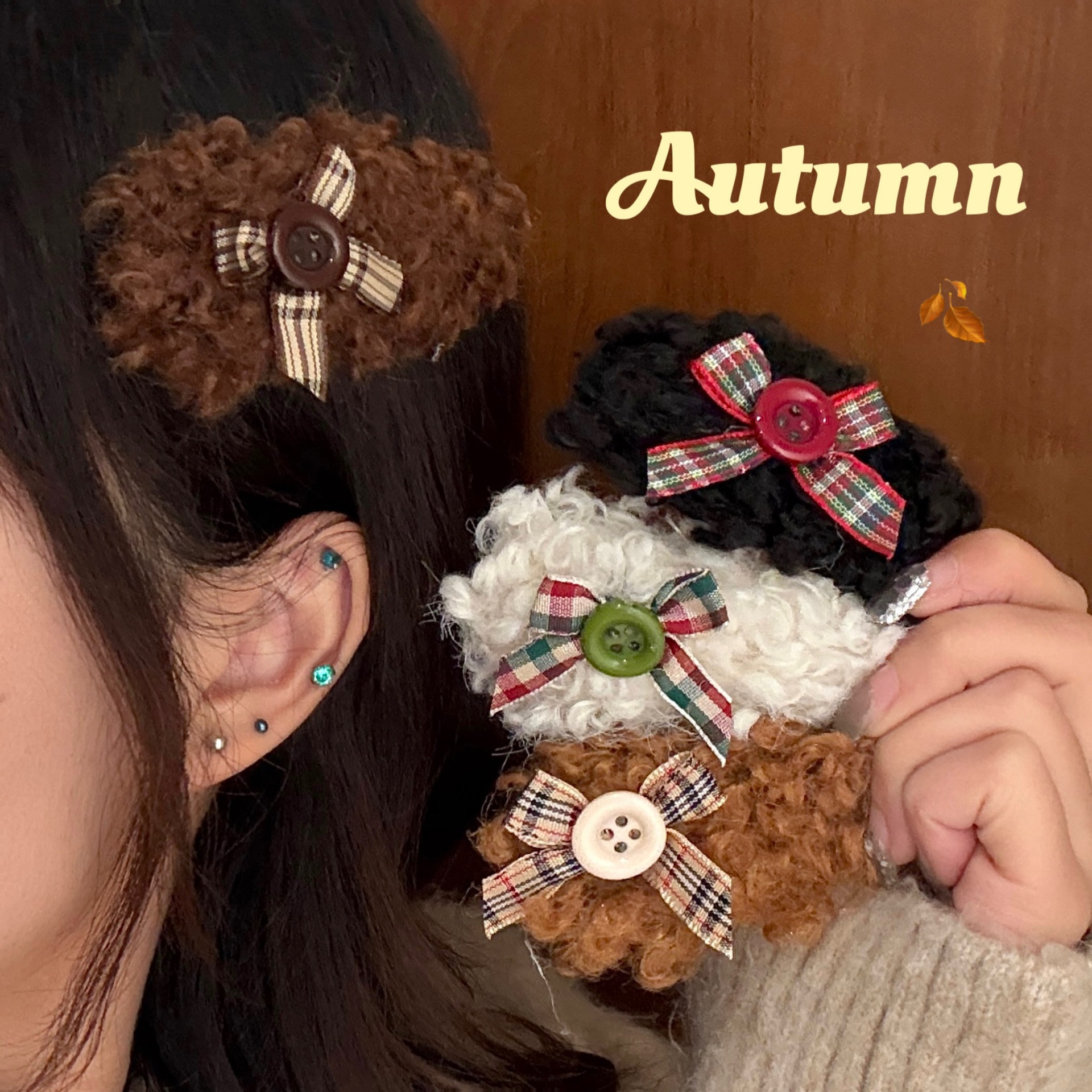 秋冬季卷毛绒蝴蝶结纽扣BB夹少女心甜美侧边夹前额刘海夹发饰发卡