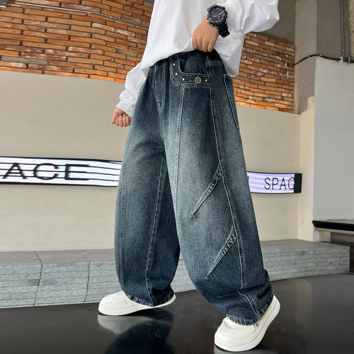 男童牛仔裤子春秋款2026新款大童运动秋装长裤男孩阔腿儿童秋季潮