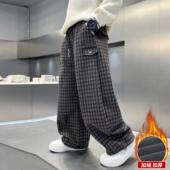裤 子加绒加厚2025新款 中大童冬季 男童秋冬款 儿童一体绒休闲格子裤