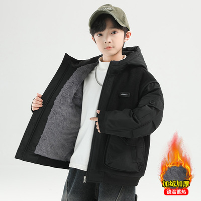 男童加绒外套2025新款秋冬款加厚大儿童冬季男孩二棉冲锋衣派克服