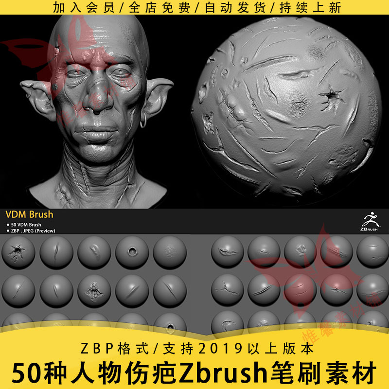 zbrush人体伤疤伤痕zb笔刷50种常用伤口雕刻zb笔刷3d画笔素材