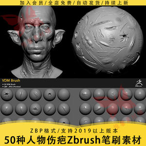 Zbrush人体伤疤伤痕Zb笔刷50种常用伤口雕刻Zb笔刷3D画笔素材