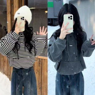 1051《复合bb绒》秋冬韩版撞色条纹连帽卫衣款抽绳设计感长袖上衣