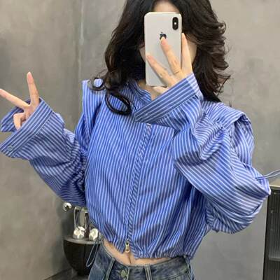 蓝色设计感小众痞帅女长袖衬衫