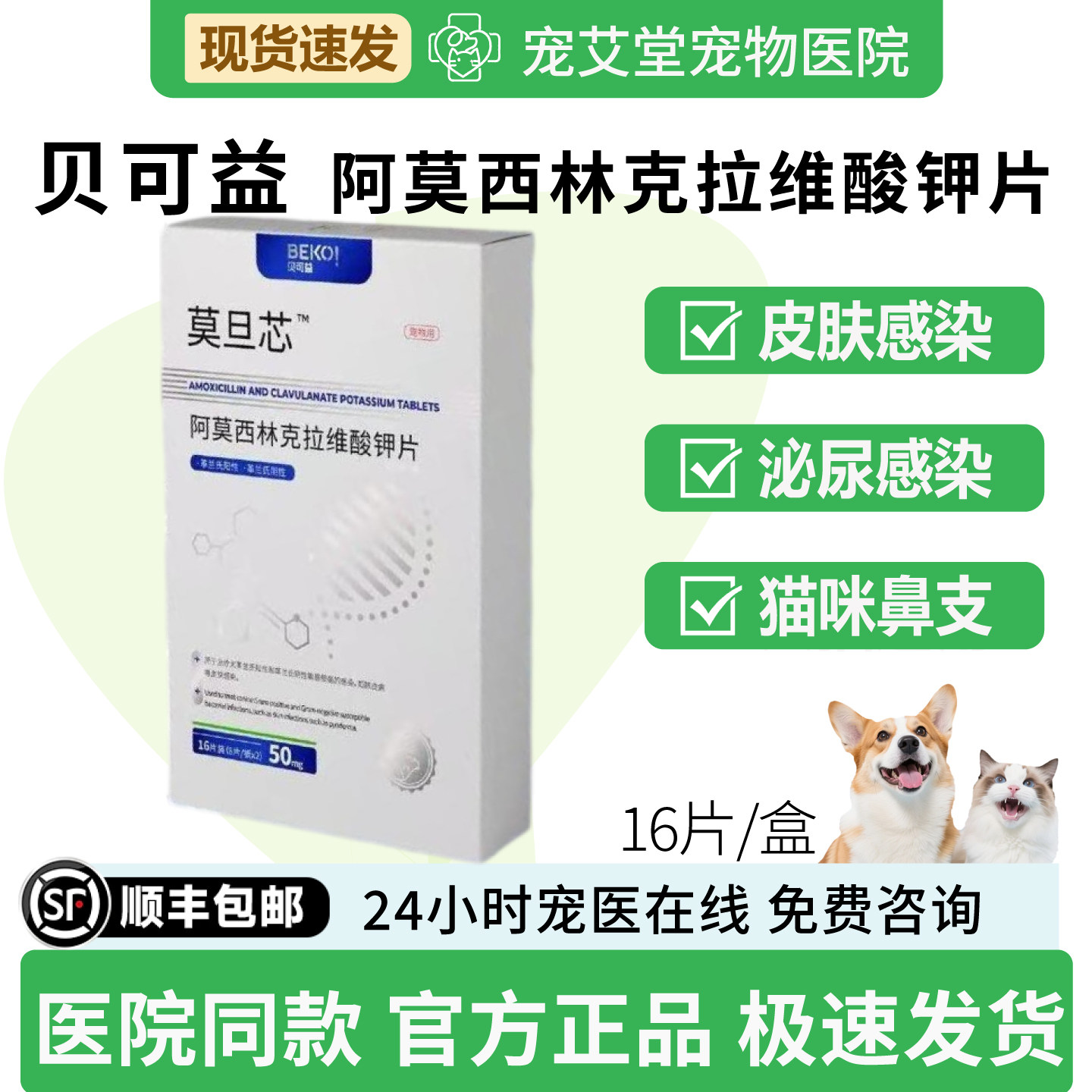 阿莫西林克拉维酸钾片犬猫通用呼吸感染感冒皮肤泌尿感染16片/盒