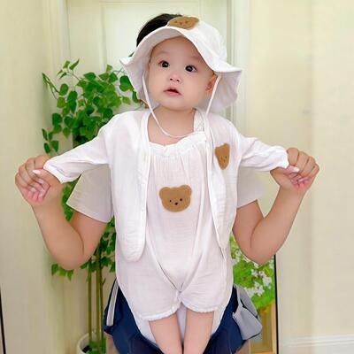 婴儿连身衣夏薄款小熊面纱吊带连身衣三件套男女宝宝无袖哈衣爬服