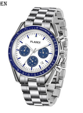 PLADEN直播爆款男士时尚高档经典休闲三眼计时不锈钢男士石英手