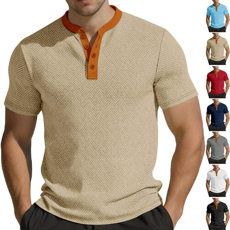 欧美外贸男装夏季短袖休闲宽松透气毛巾提花布纽扣男式衬衫亨利衫,男装,衬衫,淘宝优惠券,粉丝福利购,淘宝优惠卷