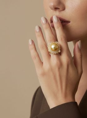 Manreya玛芮雅金珠曜彩珍珠戒指南洋金珠戒指女开口可调节闪钻