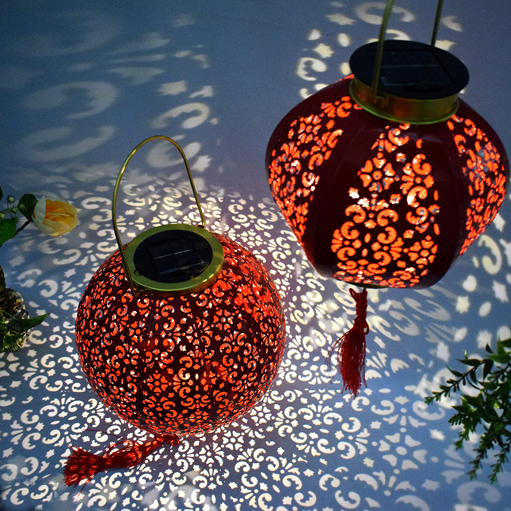 中式国风户外防水庭院太阳能灯铁艺新年氛围福字红灯笼阳台装饰灯