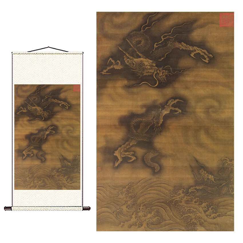 陈容双龙戏海图 工笔龙画法国画范本中式装饰画 艺术微喷绢布画心