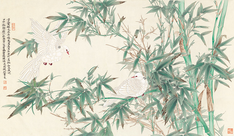 任重雪鸠碧筠图国画花鸟工笔画临摹画稿古代名画复制画横幅装饰画