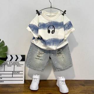 男童夏装套装洋气儿童薄款短袖衣服牛仔短裤2025新款宝宝炸街童装