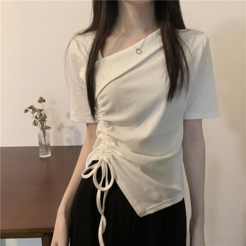 不规则抽绳短袖T恤女2025夏季新款设计感美式辣妹V领正肩短款上衣