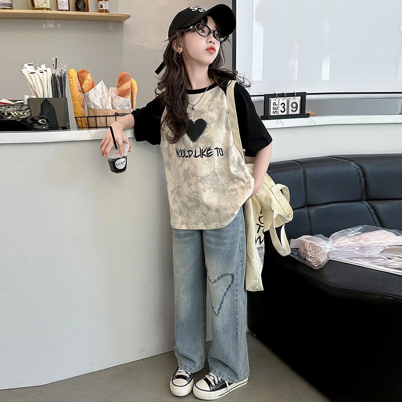 女童夏季套装2025新款洋气大童夏装纯棉短袖t恤女孩牛仔裤两件套