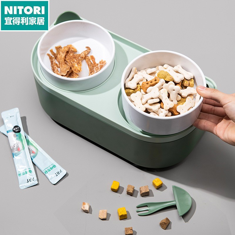 日本进口便宜得利宠物猫咪双碗护颈食盆猫耳朵塑料储粮碗双层狗碗