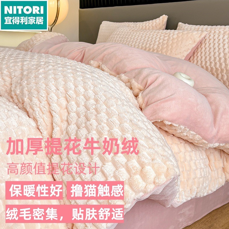 日本进口便宜得利秋冬季牛奶绒四件套珊瑚绒双面加绒加厚保暖被套