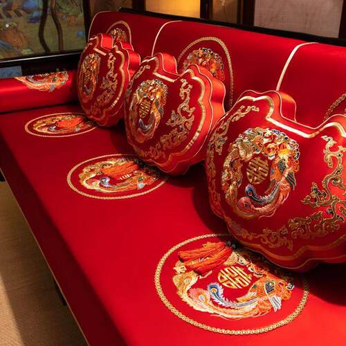 结婚红色沙发巾喜庆沙发盖布靠背巾刺绣婚房装饰四季通用沙发套罩