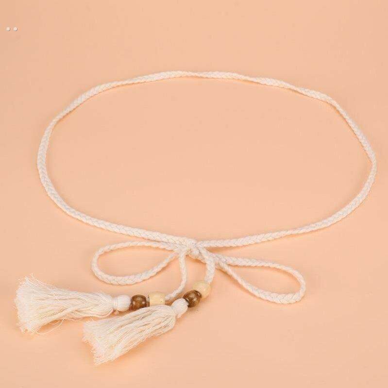 文艺范棉绳编织腰链 配裙子女士长款打结腰带 流苏装饰窄款腰链女