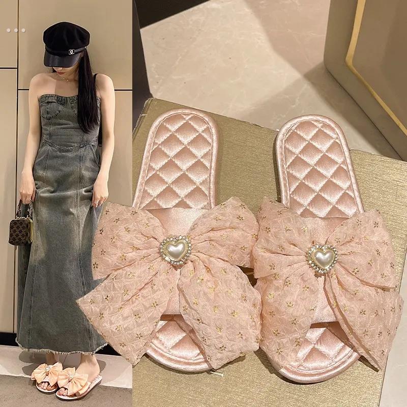 甜美ins风网纱蝴蝶结缎面新娘伴娘一字拖居家配晨袍防滑家用拖鞋