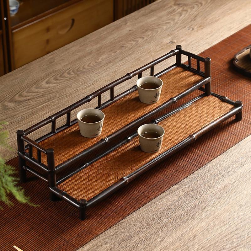 紫竹双层茶杯架席面晾杯架带围栏茶具展示收纳茶杯茶道杯托茶架子