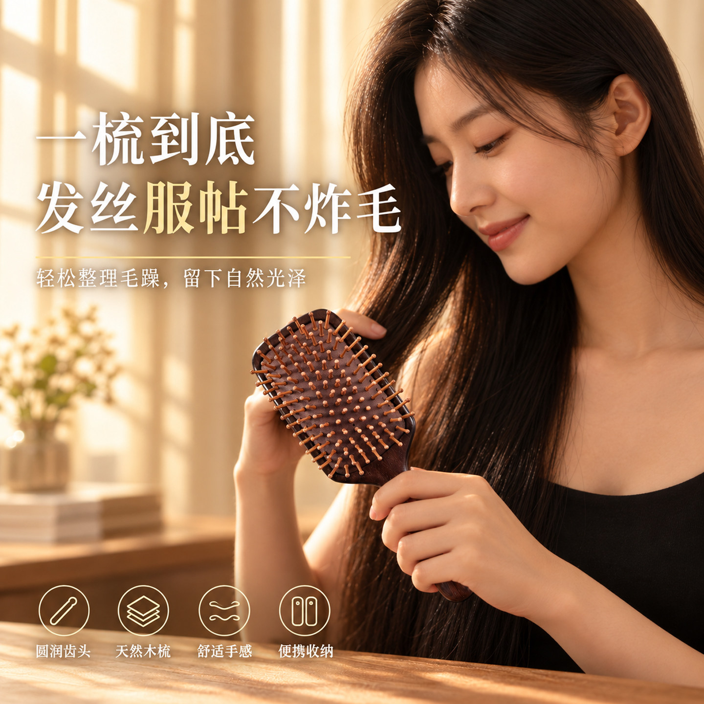 精选檀木气囊按摩梳球齿防静电图片